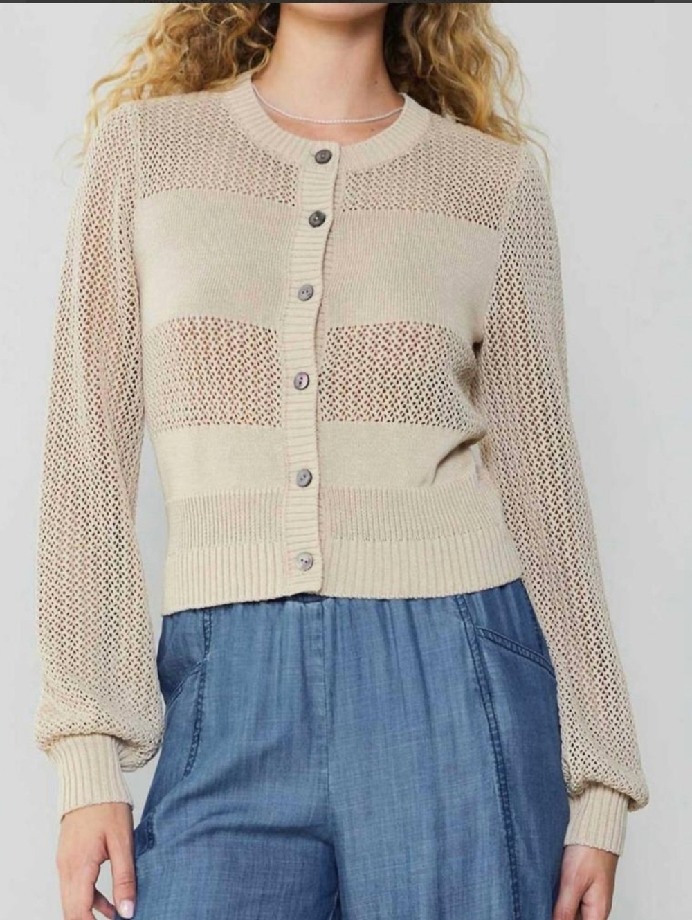 Current Air NEW Ginny Crochet Cardigan Beige Stripe Pointelle Sweater SZ Medium